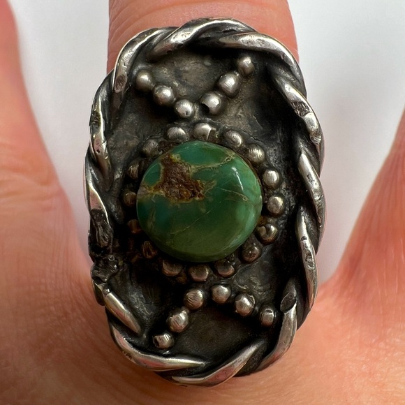 Green Turquoise Old Pawn Thick Band Sterling Silver 925 Ring, Size 8 - Picture 1 of 5